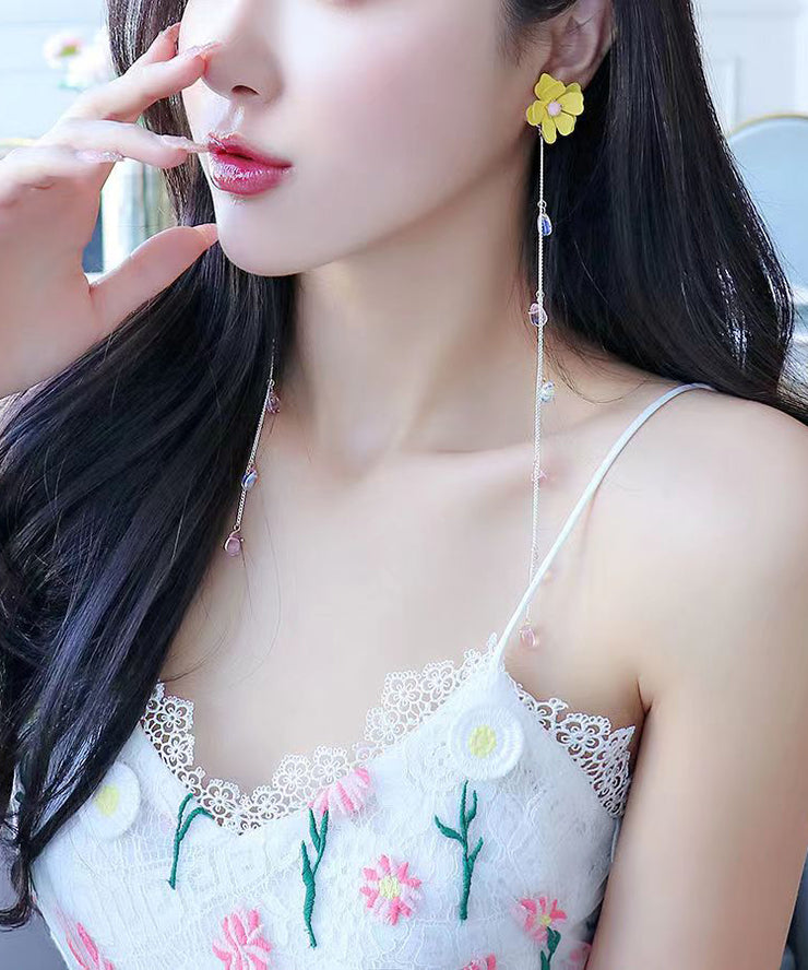Unique Yellow Crystal Floral Tassel Drop Earrings