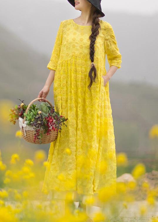 Unique Yellow Embroidery Tunic Dress O Neck Half Sleeve Maxi Dresses - SooLinen