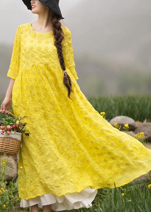 Unique Yellow Embroidery Tunic Dress O Neck Half Sleeve Maxi Dresses - SooLinen