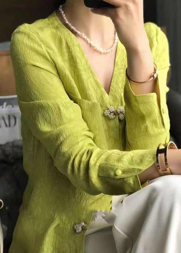 Unique Yellow Green V Neck Jacquard Patchwork Silk Shirts Spring