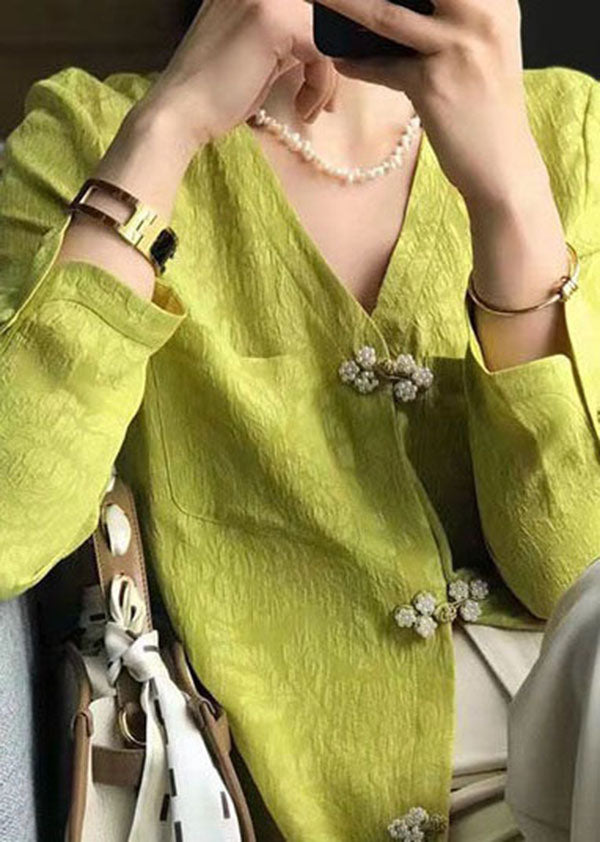 Unique Yellow Green V Neck Jacquard Patchwork Silk Shirts Spring