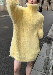 Unique Yellow Hign Neck Zippered Mink Hair Knitted Sweater Fall