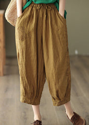 Unique Yellow Hollow Out Embroidered Linen Crop Pants Summer