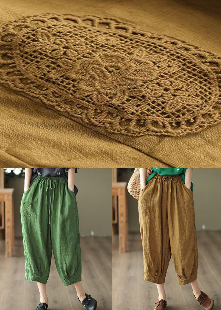 Unique Yellow Hollow Out Embroidered Linen Crop Pants Summer