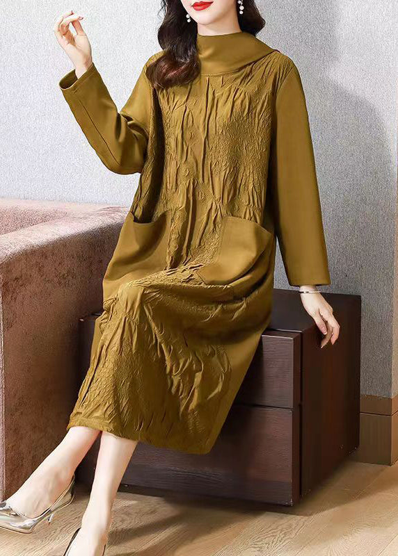 Unique Yellow Hooded Pockets Patchwork Cotton Long Dress Fall