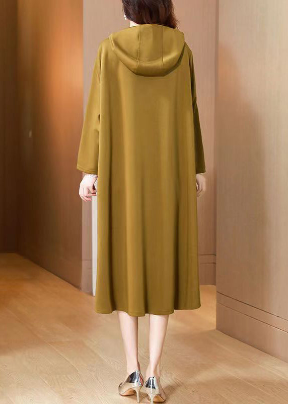 Unique Yellow Hooded Pockets Patchwork Cotton Long Dress Fall