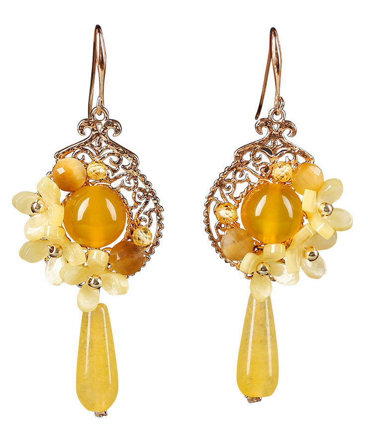 Unique Yellow Jade Sterling Silver Yellow Agate Floral Drop Earrings
