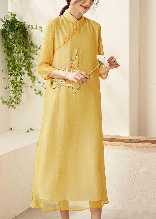 Unique Yellow Mandarin Collar Print Summer Dresses - SooLinen