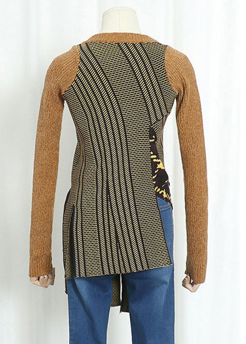 Unique Yellow O-Neck Asymmetrical Patchwork Knit Tops Fall