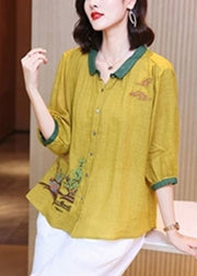Unique Yellow Peter Pan Collar Embroiderie Floral Button Linen Top Long Sleeve