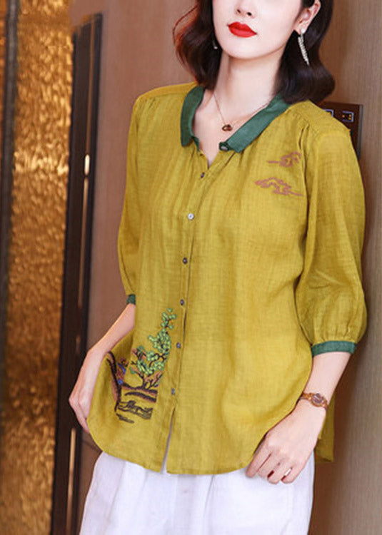 Unique Yellow Peter Pan Collar Embroiderie Floral Button Linen Top Long Sleeve