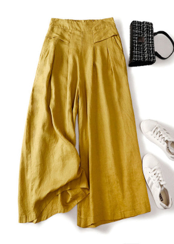 Einzigartige gelbe Taschen Leinenhose mit elastischer Taille Sommer