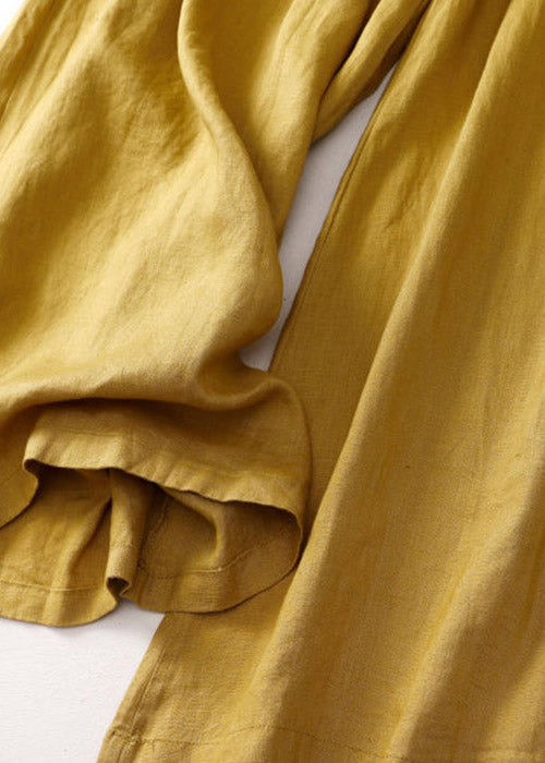 Einzigartige gelbe Taschen Leinenhose mit elastischer Taille Sommer