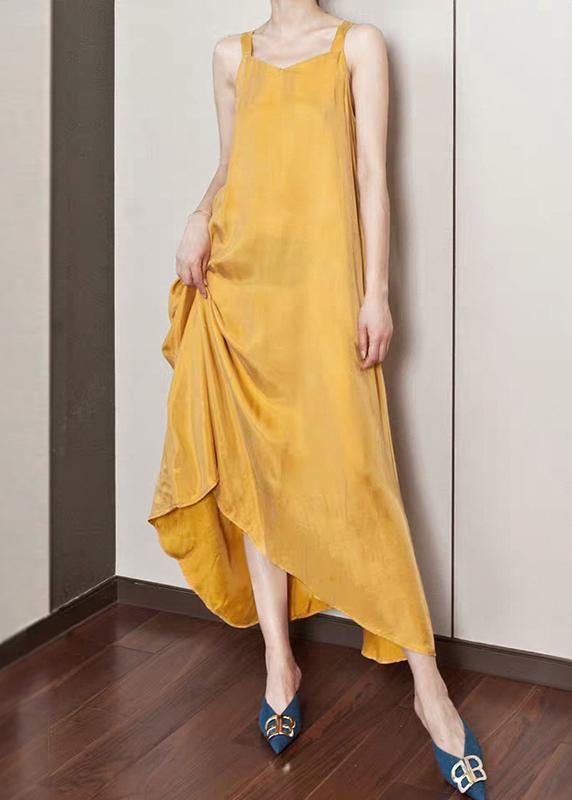 Luxy Silk Dress Yellow Spaghetti Strap Maxi Dress Sundresses - SooLinen