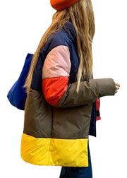 Unique Yellow Stand Collar Zip Up Patchwork Duck Down Puffer Jacket Winter