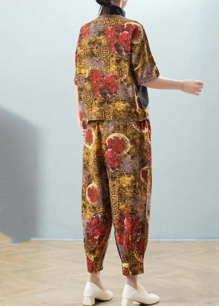 Unique Yellow Stand Collar Zippered Patchwork Shirt And Harem Pants Two Pieces Set Summer