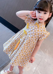 Unique Yellow Tasseled Print Patchwork Cotton Baby Girls Dresses Summer