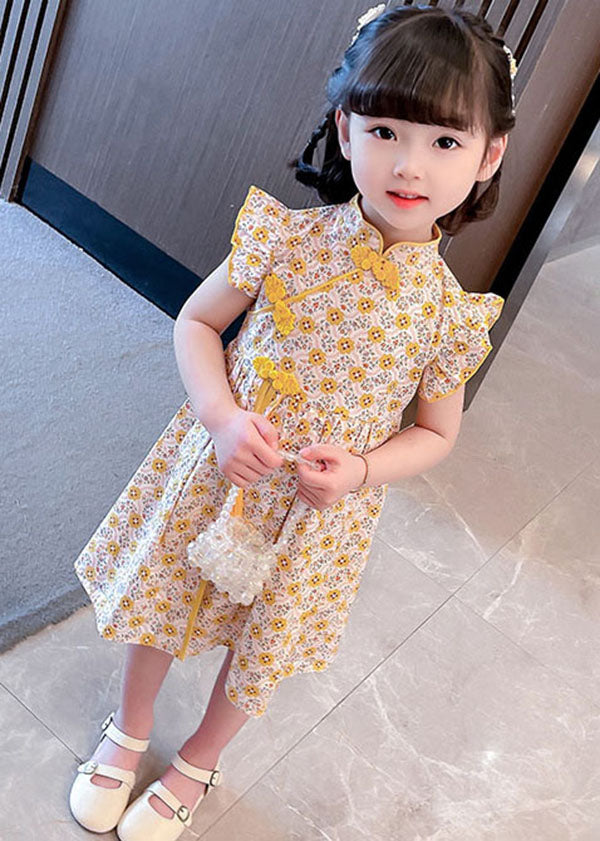 Unique Yellow Tasseled Print Patchwork Cotton Baby Girls Dresses Summer