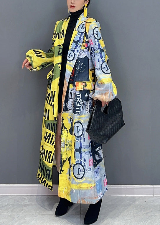 Unique Yellow The Press Style Print Pockets Patchwork Cotton Coats Fall