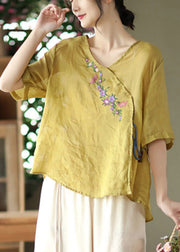Unique Yellow V Neck Embroidered Floral Linen T Shirt Half Sleeve