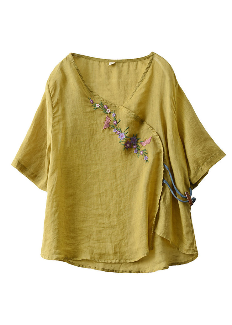 Unique Yellow V Neck Embroidered Floral Linen T Shirt Half Sleeve