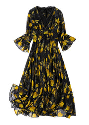 Unique Yellow V Neck Print Slim Silk Maxi Dresses Spring