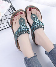 Unique Zircon Splicing Wedge Thong Sandals Green Faux Leather
