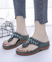 Unique Zircon Splicing Wedge Thong Sandals Green Faux Leather