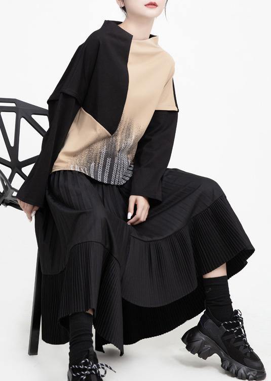 Unique asymmetric cotton patchwork tunic dress Sewing black Cinched Art Dress - SooLinen