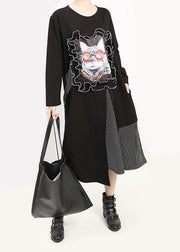 Unique asymmetric cotton prints Wardrobes Fabrics black patchwork Dresses - SooLinen