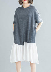 Unique asymmetric patchwork cotton Tunic Shirts gray short sleeve Traveling Dresses summer - SooLinen