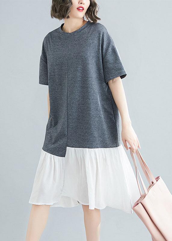 Unique asymmetric patchwork cotton Tunic Shirts gray short sleeve Traveling Dresses summer - SooLinen