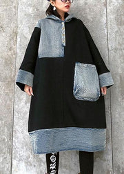 Unique black Cotton Tunics hooded pockets cotton Dress - SooLinen