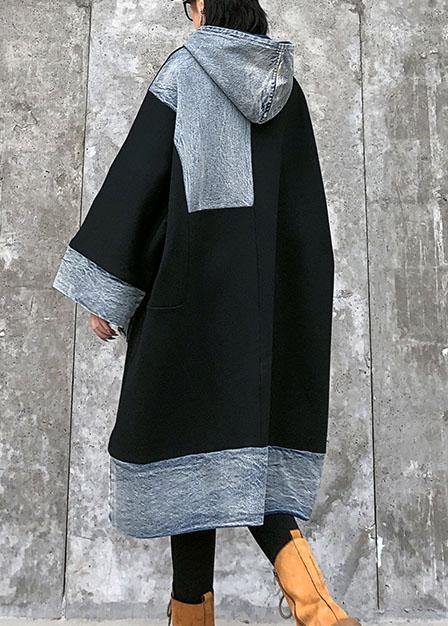 Unique black Cotton Tunics hooded pockets cotton Dress - SooLinen