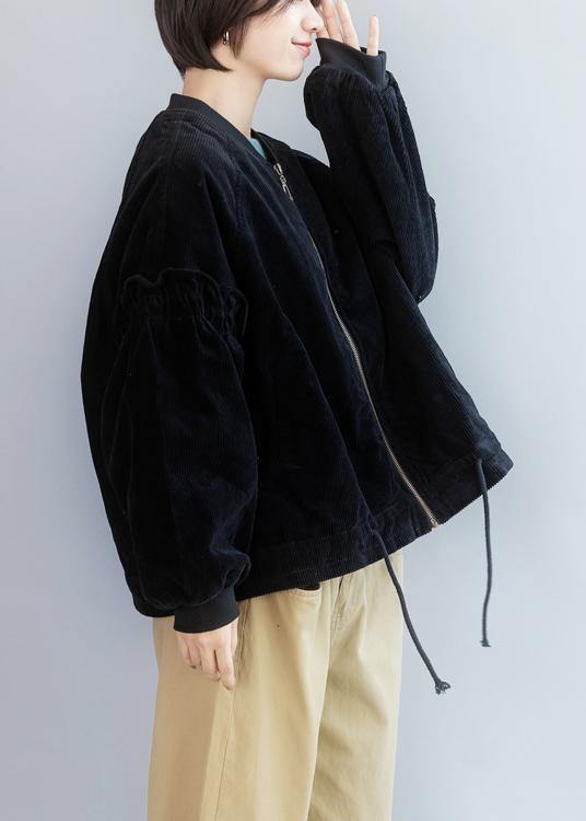 Unique black Fashion tunic coat Wardrobes drawstring hem ruffles outwear - SooLinen