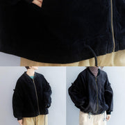 Unique black Fashion tunic coat Wardrobes drawstring hem ruffles outwear - SooLinen