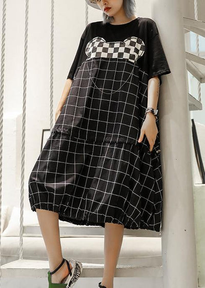 Unique black Plaid Cotton Wardrobes patchwork o neck Art summer Dresses - SooLinen