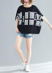 Unique black Plaid cotton Blouse Organic Inspiration o neck Batwing Sleeve Summer blouse - SooLinen