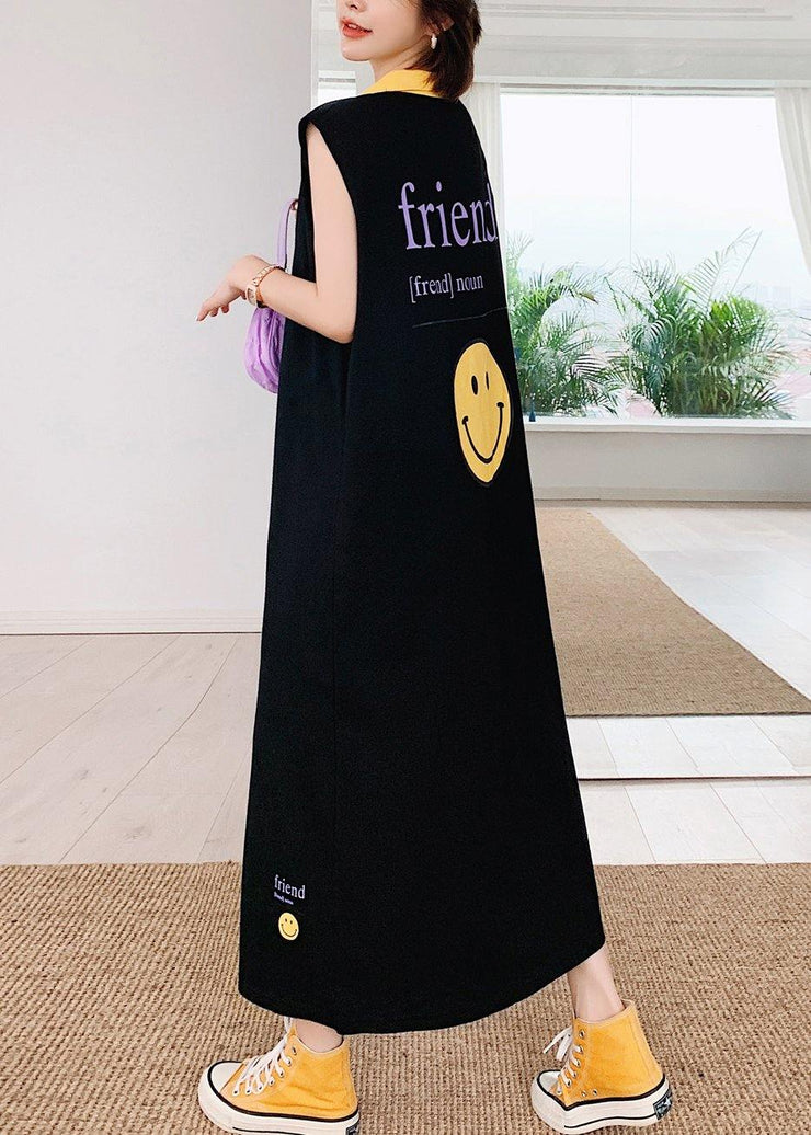 Unique black Smiley print Wardrobes lapel sleeveless Art Dress - SooLinen
