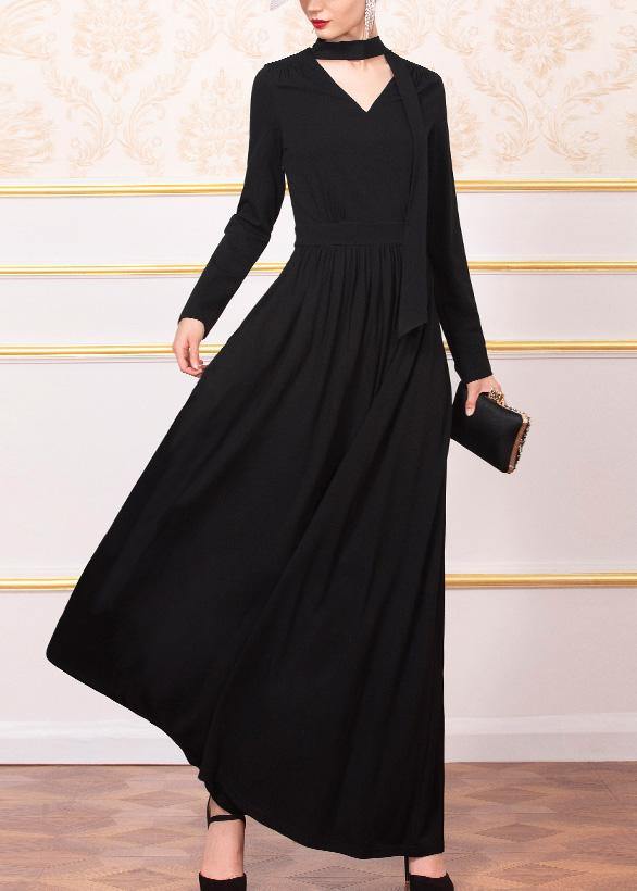 Unique black cotton clothes Women  Plus Size v neck Dresses - SooLinen