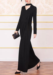Unique black cotton clothes Women  Plus Size v neck Dresses - SooLinen