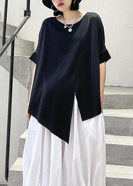 Unique black cotton clothes o neck asymmetric summer shirt - SooLinen