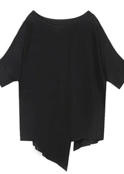 Unique black cotton clothes o neck asymmetric summer shirt - SooLinen