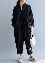 Unique black cotton coat stand collar pockets cotton fall shirts - SooLinen