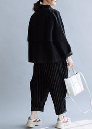 Unique black cotton coat stand collar pockets cotton fall shirts - SooLinen