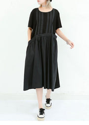 Unique black cotton dresses o neck patchwork cotton summer Dress - SooLinen