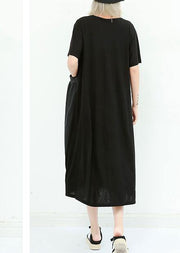 Unique black cotton dresses o neck patchwork cotton summer Dress - SooLinen
