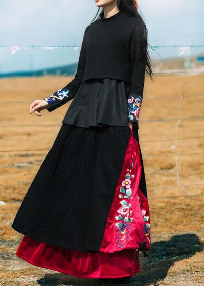 Unique black cotton quilting Skirts drawstring patchwork Skirts - SooLinen