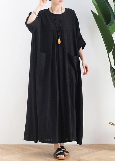 Unique black cotton quilting dresses o neck Batwing Sleeve A Line summer Dress - SooLinen