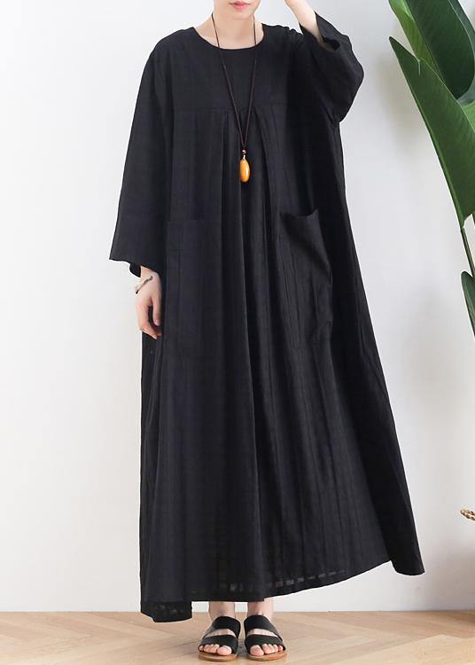 Unique black cotton quilting dresses o neck Batwing Sleeve A Line summer Dress - SooLinen